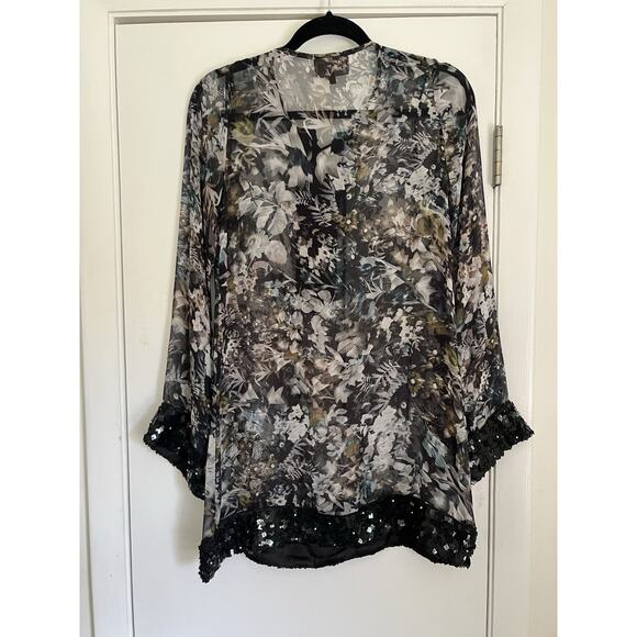 Taj By Sabrina Crippa Women’s Beaded Silk Floral Tunic Top Coverup lace up small - Picture 7 of 8